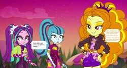 Size: 1304x697 | Tagged: safe, edit, edited screencap, editor:thomasfan45, screencap, adagio dazzle, aria blaze, sonata dusk, human, equestria girls, equestria girls series, sunset's backstage pass!, spoiler:eqg series (season 2), 1000 hours in ms paint, adoragio, ariabetes, armlet, ascot, blank expression, blouse, clothes, cute, description is relevant, disguise, disguised siren, eyeshadow, female, hands on hip, happy, headband, hypnosis, hypnotized, implied hypnosis, jacket, leather jacket, legs, makeup, mistress, obey, pants, pigtails, pinpoint eyes, polka dots, ponytail, shorts, smiling, smirk, solo, sonatabetes, speech bubble, spiked headband, spiked wristband, story included, taco dress, twintails, wristband