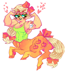 Size: 666x727 | Tagged: safe, artist:njeekyo, applejack, centaur, abs, applejacked, armpits, centaurjack, clothes, flexing, hair bow, muscles, solo, tanktop