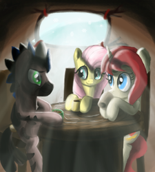 Size: 1800x2000 | Tagged: safe, artist:phendyl, fluttershy, oc, pegasus, pony, unicorn, zebra, cup, sitting, table, teacup, trio