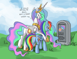 Size: 910x700 | Tagged: safe, artist:php58, derpibooru import, edit, princess celestia, rainbow dash, alicorn, pegasus, pony, bitchlestia, buttercup sprinkles, celestia's grave meme, crying, exploitable meme, eyes closed, grave, meme, rest in peace