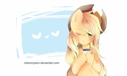 Size: 1023x614 | Tagged: safe, artist:yioyio, applejack, earth pony, pony, blushing, cup, cute, holding, hoof hold, jackabetes, one eye closed, signature, sitting, solo