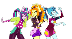 Size: 2779x1498 | Tagged: safe, artist:cassettepunk, adagio dazzle, aria blaze, sonata dusk, better together, equestria girls, sunset's backstage pass!, bracelet, clothes, crossover, female, headband, jacket, jewelry, keep your hands off eizouken, leather jacket, parody, polka dots, ponytail, shorts, spiked headband, taco dress, the dazzlings, trio