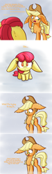 Size: 1280x4254 | Tagged: safe, artist:heir-of-rick, part of a set, apple bloom, applejack, earth pony, pony, daily apple pony, comic, cute, dialogue, flashback, floppy ears, impossibly large ears, nervous, pigtails, snow, snowfall, younger