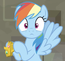 Size: 828x773 | Tagged: safe, derpibooru import, screencap, rainbow dash, pegasus, pony, daring doubt, cropped, cute, dashabetes, looking at you, solo, truth talisman