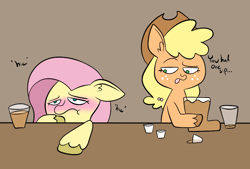 Size: 852x576 | Tagged: safe, artist:typhwosion, applejack, fluttershy, earth pony, pegasus, pony, drunk, drunkershy, duo, female, mare