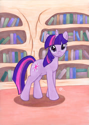 Size: 1200x1683 | Tagged: safe, artist:talisx, derpibooru import, twilight sparkle, pony, unicorn, female, library, looking at you, mare, solo