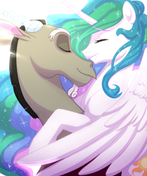 Size: 1421x1700 | Tagged: safe, artist:miatsukyyy, discord, princess celestia, alicorn, draconequus, pony, dislestia, eyes closed, female, male, mare, shipping, straight