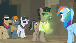 Size: 1600x900 | Tagged: safe, derpibooru import, screencap, biff, doctor caballeron, rainbow dash, rogue (character), withers, pegasus, pony, daring doubt, fedora, glow, glowing eyes, hat, henchmen, sunglasses, surprised, truth talisman