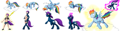 Size: 3250x850 | Tagged: safe, artist:tomek1000, derpibooru import, lightning bolt, rainbow dash, oc, oc:thunder glade, human, pegasus, pony, unicorn, cloud, disappearing clothes, glowing horn, grin, horn, human to pony, laughing, levitation, magic, on a cloud, rainbow douche, revenge, self-levitation, smiling, smirk, telekinesis, transformation, transformation sequence, unicorn oc, zapped