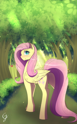 Size: 1200x1920 | Tagged: safe, artist:joe0316, artist:laptop-pone, fluttershy, butterfly, pegasus, pony, blushing, crepuscular rays, forest, looking back, plot, solo