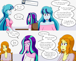 Size: 2000x1600 | Tagged: safe, artist:jake heritagu, adagio dazzle, aria blaze, sonata dusk, comic:aria's archives, equestria girls, chair, clothes, comic, dialogue, female, speech bubble, table