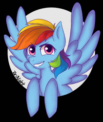 Size: 646x764 | Tagged: safe, artist:torinight, derpibooru import, rainbow dash, pegasus, pony, abstract background, bust, cute, dashabetes, female, mare, out of frame, smiling, solo, spread wings, wings