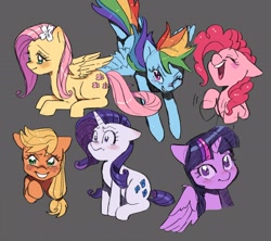 Size: 2048x1821 | Tagged: safe, artist:chapaghettii, derpibooru import, applejack, fluttershy, pinkie pie, rainbow dash, rarity, twilight sparkle, twilight sparkle (alicorn), alicorn, earth pony, pegasus, pony, unicorn, bandana, blushing, cute, flower, flower in hair, gray background, laughing, mane six, no pupils, one eye closed, open mouth, simple background, smiling, wink