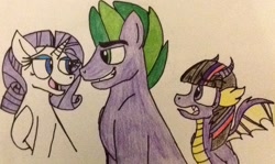 Size: 1148x686 | Tagged: safe, artist:pimpartist101, derpibooru import, rarity, spike, twilight sparkle, dragon, dragonified, female, male, ponified spike, shipping, sparity, species swap, straight, traditional art, twilidragon