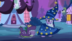 Size: 1366x768 | Tagged: safe, derpibooru import, screencap, spike, twilight sparkle, dragon, luna eclipsed