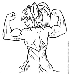 Size: 922x1000 | Tagged: safe, artist:kaemantis, part of a set, sonata dusk, anthro, biceps, black and white, clothes, commission, dress, flexing, grayscale, looking at you, looking back, looking back at you, monochrome, muscles, muscular female, signature, simple background, smiling, solo, swolenata dusk, white background