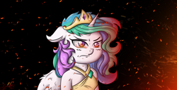 Size: 3264x1668 | Tagged: safe, artist:zsparkonequus, princess celestia, alicorn, pony, black background, clothes, crown, dress, female, fire, jewelry, looking at you, mare, regalia, simple background, solo