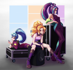 Size: 1047x1000 | Tagged: safe, artist:the-park, adagio dazzle, aria blaze, sonata dusk, human, equestria girls, equestria girls series, sunset's backstage pass!, spoiler:eqg series (season 2), armpits, cellphone, clothes, female, human coloration, humanized, phone, pigtails, ponytail, simple background, smiling, the dazzlings, trio, twintails