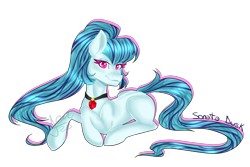 Size: 1800x1200 | Tagged: safe, artist:zima, sonata dusk, earth pony, pony, equestria girls, rainbow rocks, disguise, disguised siren, eyeshadow, gem, jewelry, looking at you, makeup, necklace, paint tool sai, pendant, ponytail, prone, simple background, siren gem, smiling, smiling at you, solo, transparent background
