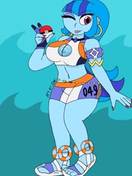 Size: 1932x2576 | Tagged: safe, artist:c_w, sonata dusk, equestria girls, belly button, big breasts, breasts, clothes, cosplay, costume, ear piercing, earring, eyeshadow, feet, jewelry, makeup, nail polish, nails, nessa, pendant, piercing, plump, pokemon sword and shield, pokémon, smiling at you, sonata bust, thighs, tongue out, winking at you