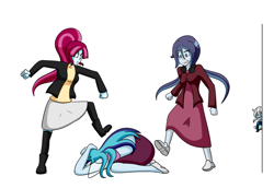 Size: 1280x882 | Tagged: safe, artist:jake heritagu, sonata dusk, oc, oc:dolly dusk, oc:melody charm, oc:silent hill, oc:throw away, comic:aria's archives, equestria girls, beaten up, boots, clothes, jack the ripper, offspring, parent:chancellor neighsay, parent:sonata dusk, parents:neighsaynota, shoes