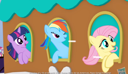 Size: 1070x620 | Tagged: safe, derpibooru import, screencap, fluttershy, rainbow dash, twilight sparkle, pegasus, pony, advertisement, commercial, faic, great moments in animation, official, train, weird