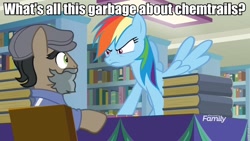 Size: 960x540 | Tagged: safe, derpibooru import, edit, edited screencap, screencap, doctor caballeron, rainbow dash, pegasus, pony, daring doubt, book, bookshelf, bookstore, caption, chemtrails, conspiracy, conspiracy theory, discovery family logo, disguise, duo, fake beard, flat cap, groom q.q. martingale, hat, image macro, text