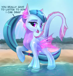 Size: 2903x3052 | Tagged: safe, artist:xbi, sonata dusk, hybrid, original species, pony, 30 minute art challenge, beach, dialogue, ear fins, female, fin wings, half-siren, looking at you, ocean, raised hoof, species swap, water, wings