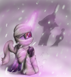 Size: 1024x1110 | Tagged: safe, artist:manfartwish, derpibooru import, twilight sparkle, apocalypse, canterlot, clothes, goggles, magic, mlpgdraws, scarf, snow, snowfall, solo