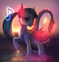 Size: 2903x3052 | Tagged: safe, artist:xbi, sonata dusk, hybrid, original species, pony, beach, ear fins, female, fin wings, half-siren, looking at you, music, music notes, ocean, raised hoof, singing, species swap, sunset, water, wings