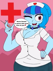 Size: 1932x2576 | Tagged: safe, artist:c_w, sonata dusk, equestria girls, big breasts, breasts, cleavage, eyelashes, eyeshadow, hair bun, hand on hip, jewelry, looking at you, makeup, nail polish, nails, nurse, one eye closed, pendant, plump, smiling, sonata bust, syringe, thighs, wink, winking at you
