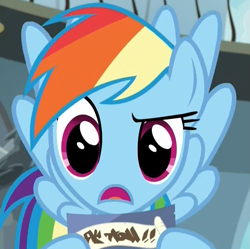 Size: 1059x1054 | Tagged: safe, derpibooru import, screencap, rainbow dash, pegasus, pony, daring doubt, animation error, cropped, female, flying, mare, missing nose, raised eyebrow, suspicious