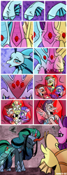 Size: 1500x3900 | Tagged: safe, artist:nancy-05, adagio dazzle, aria blaze, sonata dusk, oc, oc:empress sacer malum, oc:melicus ostium, alicorn, changeling, changeling queen, ghost, ghost pony, siren, umbrum, comic:fusing the fusions, comic:time of the fusions, alicorn oc, alicornified, argument, blushing, chest, comic, commissioner:bigonionbean, confusion, conjoined, dazed, dialogue, dungeon, evil planning in progress, female, forced, fused, fusion, fusion:empress sacer malum, fusion:melicus ostium, gem, heat, jewelry, magic, merge, multiple heads, nightmare, panting, prison, race swap, random pony, regalia, royal guard, shocked, siren gem, spell, tartarus, three heads, we have become one, writer:bigonionbean