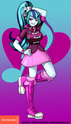 Size: 576x1000 | Tagged: safe, artist:srasomeone, sonata dusk, equestria girls, blue background, boots, breasts, clothes, cutie mark background, female, gem, gradient background, hand on hip, jacket, latex, looking at you, microphone, patreon, platform shoes, pose, purple background, raised leg, shiny, shoes, simple background, siren gem, skirt, smiling, smirk, solo, sonata bust, spiked wristband, watermark, wristband