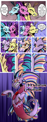 Size: 1500x3900 | Tagged: safe, artist:nancy-05, adagio dazzle, aria blaze, sonata dusk, oc, oc:melicus ostium, siren, comic:fusing the fusions, comic:time of the fusions, argument, blushing, chest, comic, commissioner:bigonionbean, confusion, conjoined, dazed, dialogue, evil planning in progress, female, forced, fused, fusion, fusion:melicus ostium, gem, heat, jewelry, magic, merge, multiple heads, nightmare, panting, prison, race swap, regalia, shocked, siren gem, spell, tartarus, three heads, we have become one, writer:bigonionbean