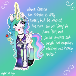 Size: 2067x2067 | Tagged: safe, artist:darkest-lunar-flower, princess celestia, alicorn, pony, alternate universe, blushing, candy, choker, clothes, costume, ear piercing, earring, female, food, hoodie, jewelry, lollipop, mare, pastel goth, piercing, skeleton costume, smiling, solo