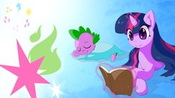 Size: 1920x1080 | Tagged: safe, artist:repoisn, derpibooru import, spike, twilight sparkle, dragon, blanket, book, cutie mark, sleeping, smiling