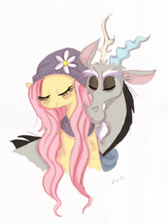 Size: 1124x1502 | Tagged: safe, artist:praysforaprankster, discord, fluttershy, pegasus, pony, bust, clothes, discoshy, eyes closed, hat, kissing, male, scarf, shipping, simple background, straight, white background
