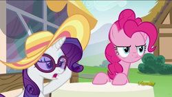 Size: 1280x720 | Tagged: safe, screencap, pinkie pie, rarity, pony, unicorn, every little thing she does, discovery family logo