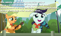 Size: 1153x692 | Tagged: safe, screencap, applejack, coloratura, earth pony, pony, the mane attraction, i see fire (song), rara, singing, the hobbit, younger