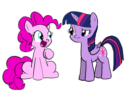 Size: 800x600 | Tagged: safe, artist:porcypinkporcupine, derpibooru import, pinkie pie, twilight sparkle, twilight sparkle (alicorn), alicorn, earth pony, pony, female, fourth wall, mare, open mouth, pointing, simple background, smiling, transparent background