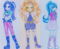 Size: 1073x881 | Tagged: safe, artist:suke2242, adagio dazzle, aria blaze, sonata dusk, equestria girls, belt, blouse, boots, clothes, pants, ponytail, shoes, the dazzlings, traditional art, vest