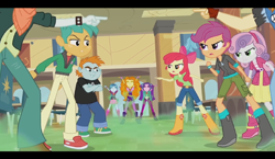 Size: 1482x857 | Tagged: safe, screencap, adagio dazzle, apple bloom, aria blaze, scootaloo, scott green, snails, snips, sonata dusk, sweetie belle, valhallen, equestria girls, rainbow rocks, angry, apple bloom's bow, boots, bow, cafeteria, clothes, cutie mark crusaders, hair bow, hoodie, jeans, pants, pointing, shirt, shoes, shorts, skirt, the dazzlings