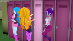 Size: 1920x1080 | Tagged: safe, artist:doppelboner, adagio dazzle, aria blaze, sonata dusk, equestria girls, 3d, lockers