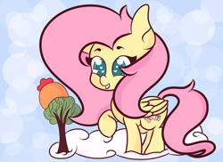 Size: 1280x930 | Tagged: safe, artist:hedgehog-plant, fluttershy, pegasus, pony, abstract background, cap, cloud, cute, female, hat, heart eyes, mare, raised hoof, shyabetes, smiling, solo, tree, wingding eyes