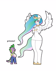 Size: 2081x2672 | Tagged: safe, artist:franschesco, princess celestia, spike, alicorn, anthro, dragon, unguligrade anthro, blushing, breasts, clothes, crown, dialogue, dress, duo, female, high res, jewelry, looking at each other, male, mare, momlestia, overalls, regalia, shirt, simple background, smiling, spread wings, white background, wings, younger