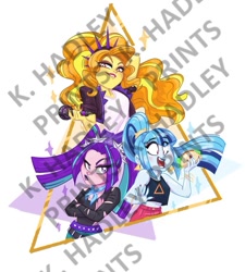 Size: 837x929 | Tagged: safe, artist:katrina hadley, adagio dazzle, aria blaze, sonata dusk, equestria girls, arm behind head, bedroom eyes, clothes, crossed arms, female, food, obtrusive watermark, smiling, taco, the dazzlings, watermark