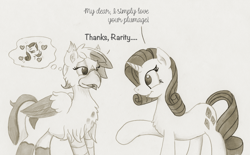 Size: 1288x800 | Tagged: safe, artist:foxxy-arts, part of a series, part of a set, rarity, oc, oc:foxxy hooves, hippogriff, pony, unicorn, blushing, canon x oc, chest fluff, crush, dialogue, duo, ear, female, floating heart, fluffy, heart, hippogriff oc, lesbian, lidded eyes, looking at each other, monochrome, raised leg, simple background, smiling, thought bubble, traditional art, white background