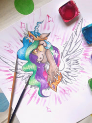 Size: 1536x2048 | Tagged: safe, artist:woonborg, discord, princess celestia, alicorn, draconequus, pony, jewelry, paintbrush, regalia, signature, smiling, solo, traditional art, watercolor painting, wings