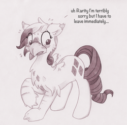 Size: 1000x982 | Tagged: safe, artist:foxxy-arts, part of a series, part of a set, rarity, oc, oc:foxxy hooves, hippogriff, pony, unicorn, blushing, character to character, chest fluff, dialogue, ear fluff, embarrassed, hippogriff oc, monochrome, open beak, raised hoof, simple background, solo, sweat, sweatdrops, traditional art, transformation, transformation sequence, twinning, white background